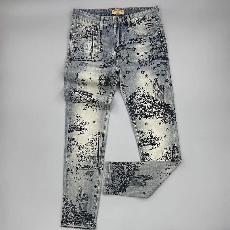 Spring and Autumn New Fashion Trend Printed Straight Leg Elastic Jeans For Men's Casual Retro Sports High-Quality Jeans 28-36
