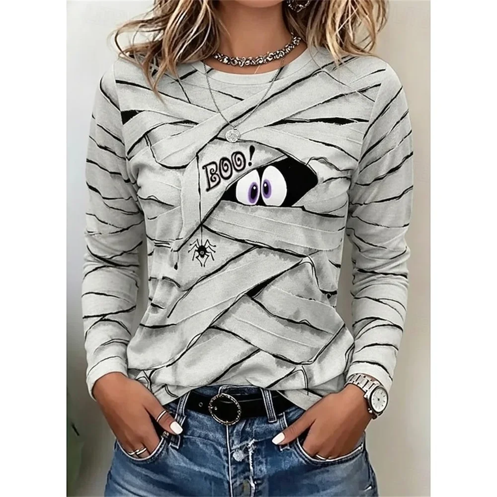 Women Men Halloween Mummy 3D Print Long Sleeve T‑Shirt Casual Round Neck Holiday Funny Pattern Clothing Personality Trend Autumn