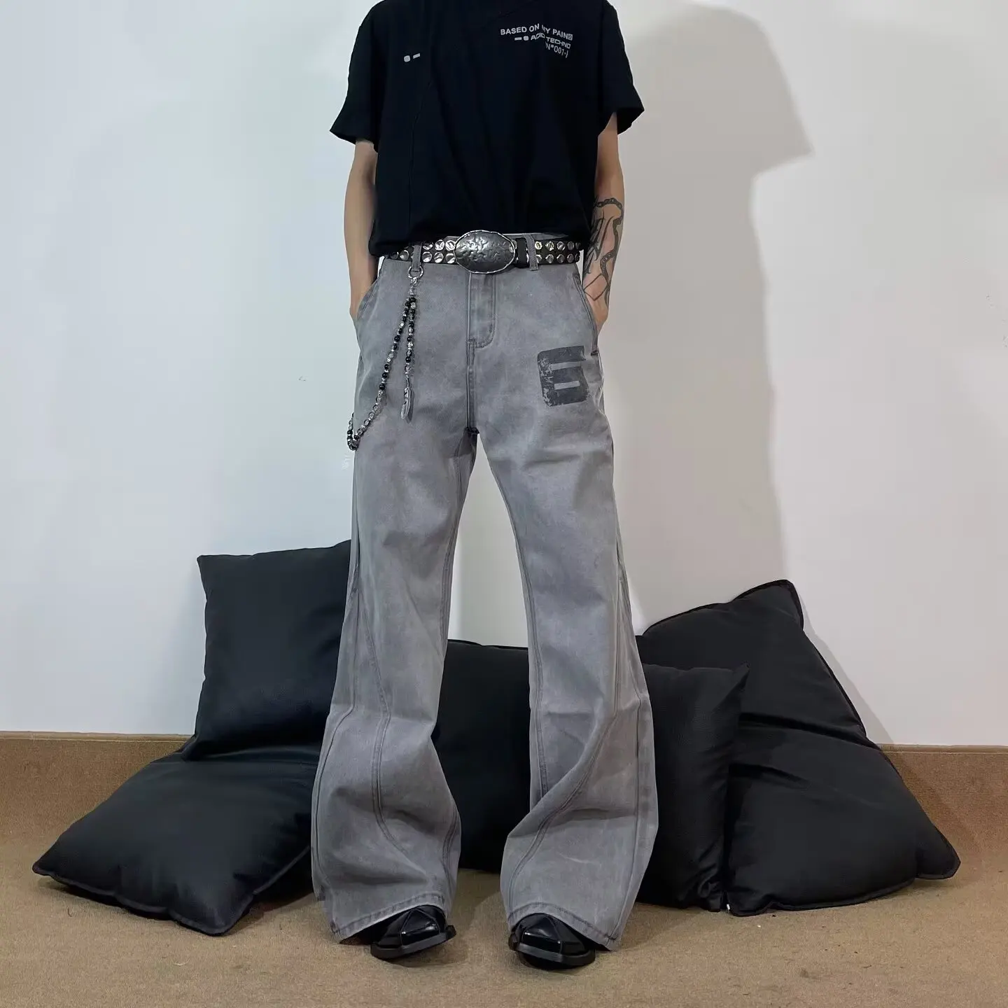 

Summer Large Size American Waed Dir Dyed White ey Men's Jeans Long Pants Printed Straight Leg Pants Casual Loose Fit