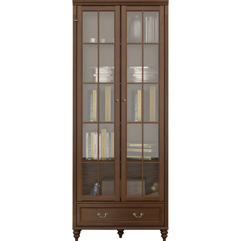 Pure solid wood American vertical cabinet bookcase with glass door home storage cabinet shelf wall-by-wall living room display c