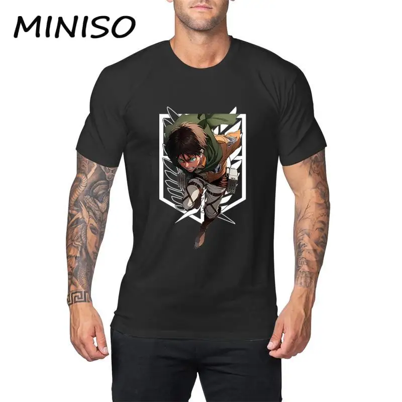 MINISO Attack On Titan Cosplay T-Shirt for Men Levi Ackerman Printed Costume Eren Jaeger Tops Round Neck Male Novelty Clothing