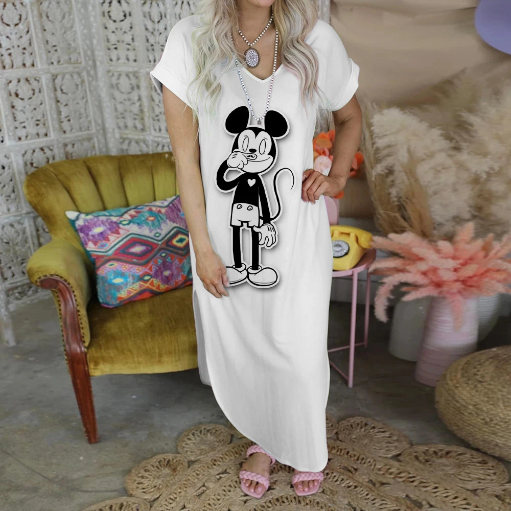 

Minnie Mouse Fashion Maxi Dress Mickey Split Skirt Party Dresses for Women 2022 V-Neck Robe Elegant Casual Women's Dresses Sexy