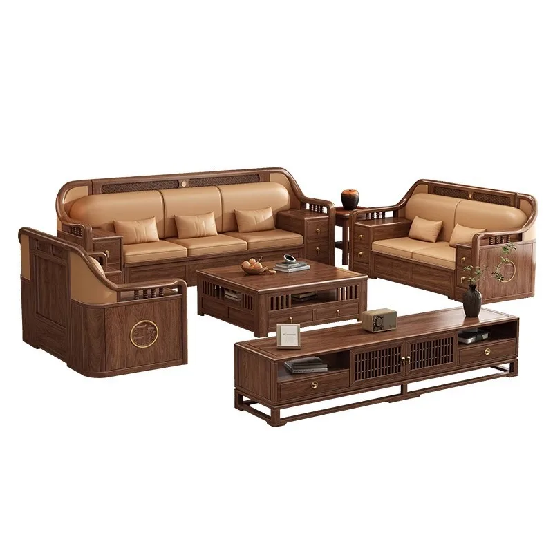 New Chinese black walnut solid wood sofa, simple small apartment in the living room, modern high-box storage sofa for and summer