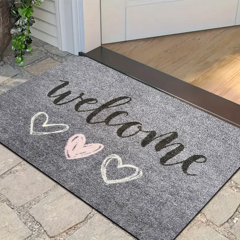 [1 Welcome Doormat] 1 Handwritten 'Welcome' Heart-Shaped Crystal Flannel Doormat, Warmly Greeting Every Guest and Creating a Warm Festive Atmosphere Suitable for Living Rooms, Bedrooms, Dining Rooms, Kitchens, Bathrooms, Entrances, and Other Scenes