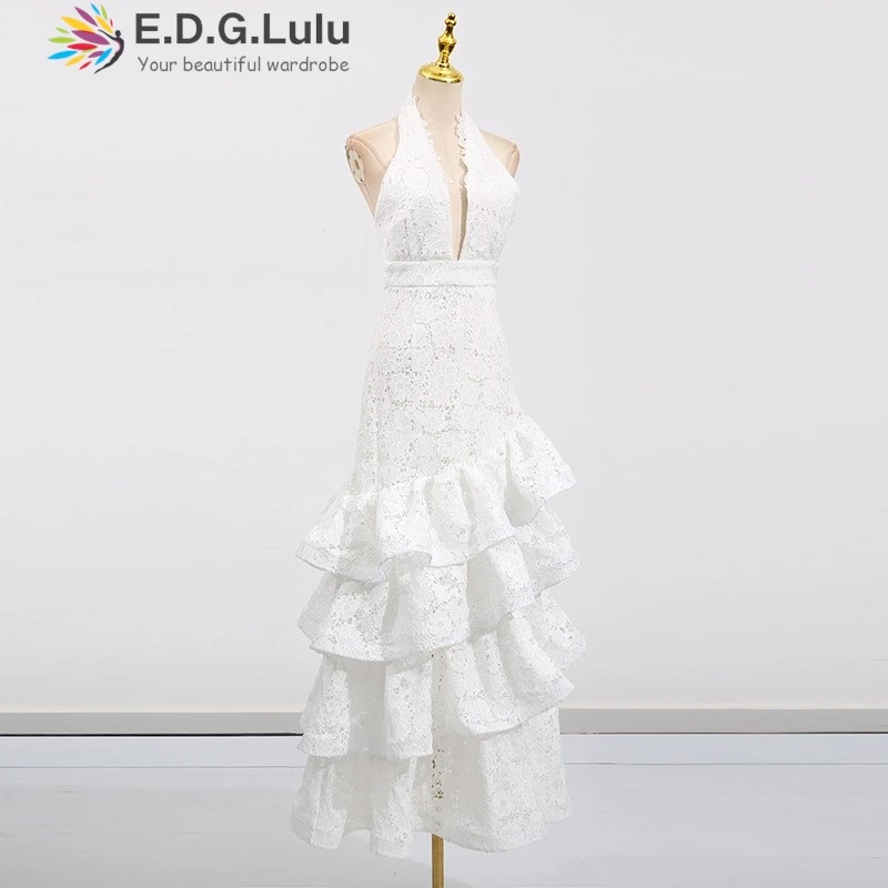 Edglulu oco bordado renda em camadas folha de lótus borda luxo vestido de aniversário mulher com decote em v sem costas festa longo vestido de noite 1013