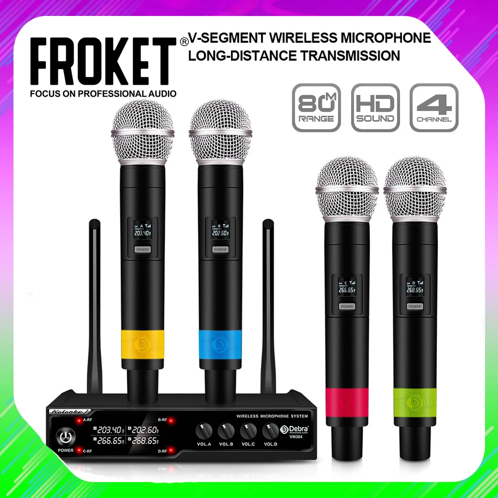 FROKET VM304 4 Channel Mic Wireless Microphone System V-band Stable Transmission Suitable for Home Karaoke Stage Performance