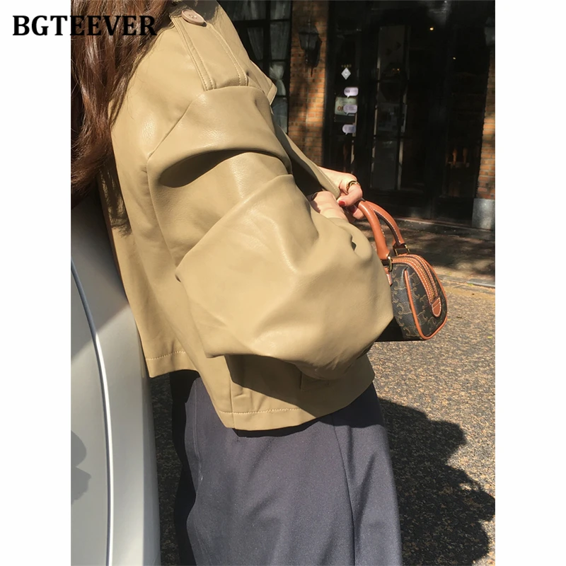 BGTEEVER Autumn Winter Vintage Long Sleeve Women PU Leather Jackets Stylish Loose Female Double Breasted Coats Ladies Outwear