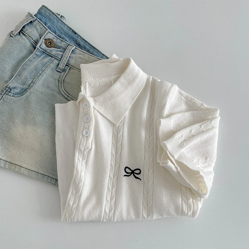 AOSSVIAO 2026 Summer New Korean Fashion Slim Polo Shirt Knitted Short Sleeve T-Shirt Sweet Bow Embroidered Knitted Women Tops