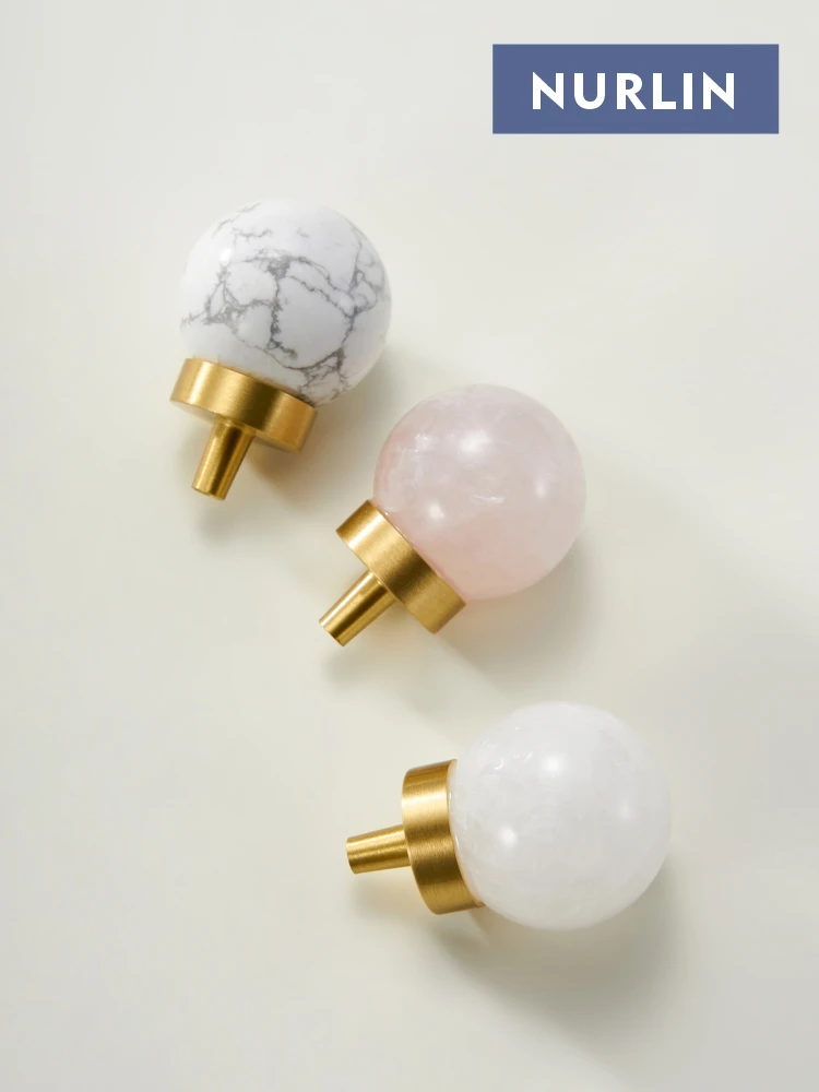 Nurlin Brass Marble Crystal White Pink Natural Stone Furniture  Cabinet Door Drawers Knobs Wardrobe Wine Luxury  Ball Handles