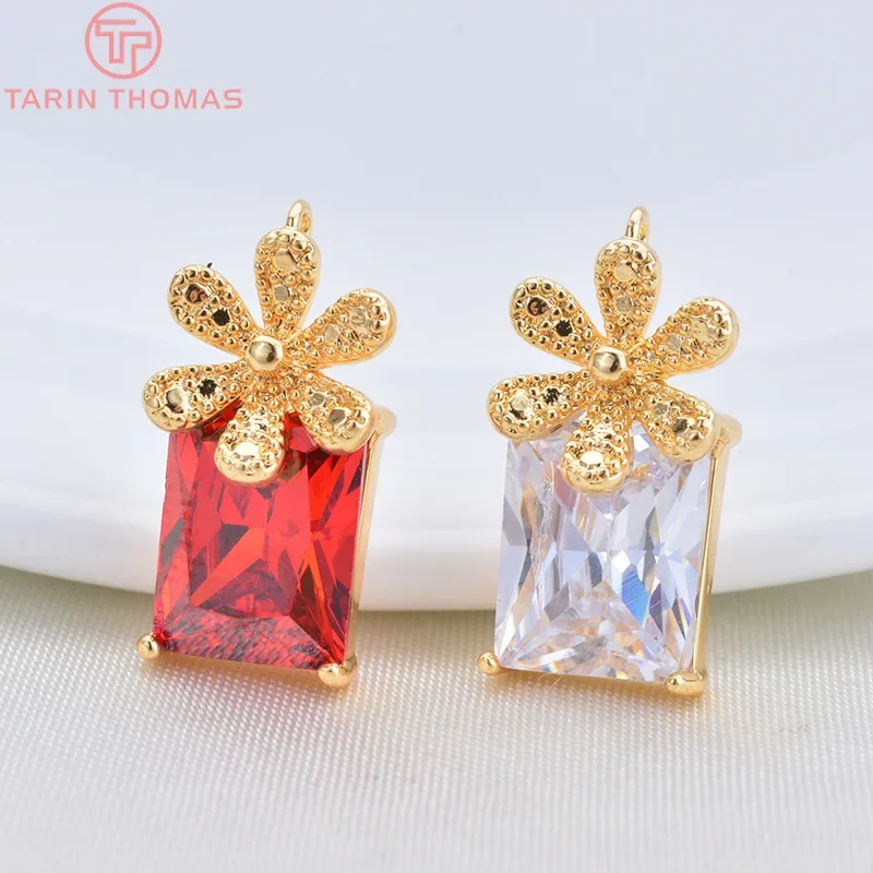 (1146) 4PCS 16x8MM 24K Gold Color Brass with Red Zircon Flower Pendants Charms High Quality Diy Jewelry Findings Accessories