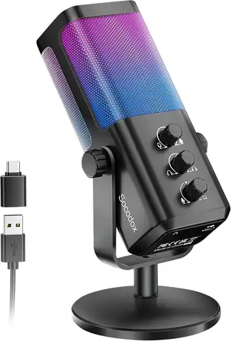 RGB Gaming Microphone with Game Voice Balance&Noise Cancellation, Studio USB Computer Condenser Mic for Streaming/Recording/Disc