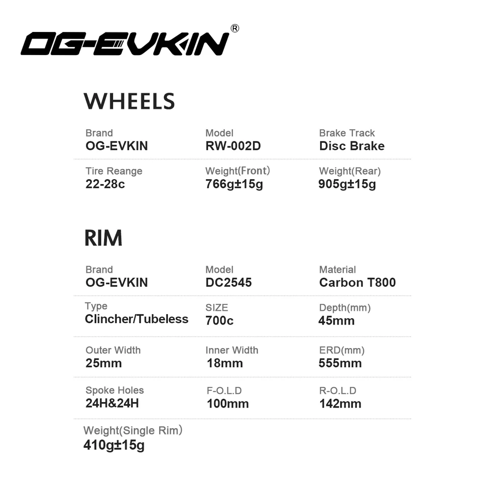 OG-EVKIN RW-001-D Carbon Wheels Disc Brake Clincher/Tubeless 45mm Depth 6-bolt/Center-Lock Wheel For Road Bike 700c Wheelset