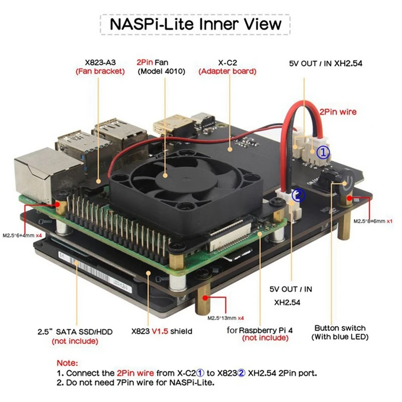 Naspi Lite Kit + placa de expansión X823 + placa adaptadora de X-C2 + funda para Raspberry Pie SATA HDD/SSD Disco Duro Servidor de almacenamiento NAS