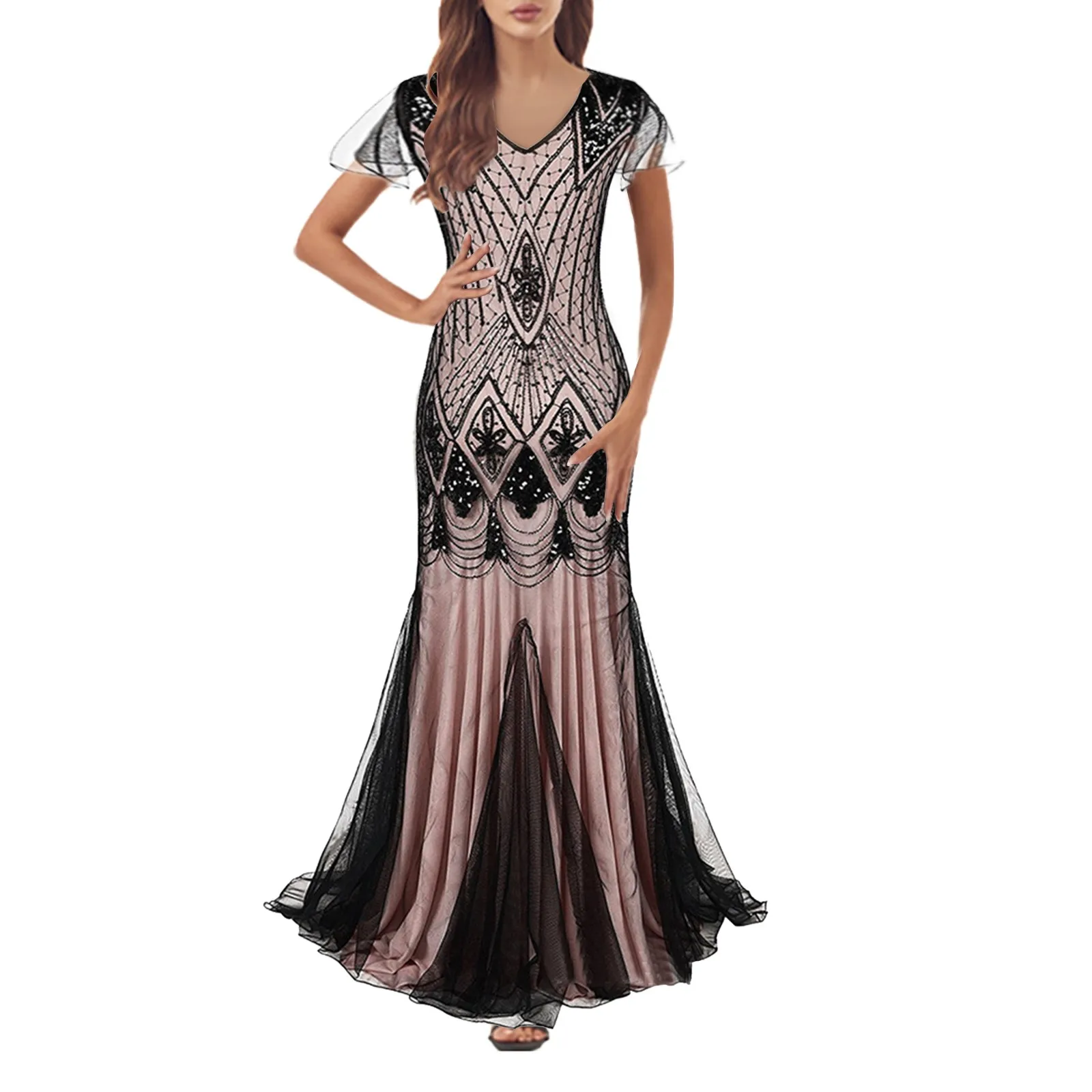 Retro 1920s Flapper Long Sequin Dress Banquet Party Evening Dress Ladies Gatsby Dress Wedding Gown Stage Cosplay Costume