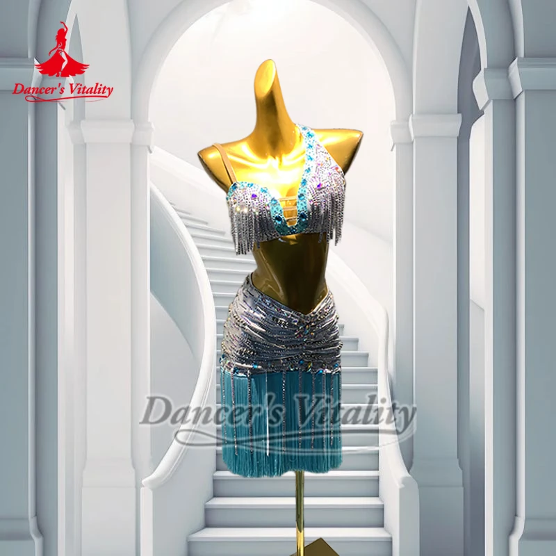 Chacha Samba Women Sexy Bra Style+Wrapped Hips Fringed Skirt 2-piece Suit Latin Dance Contest Clothing Custom Dancer's Vitality
