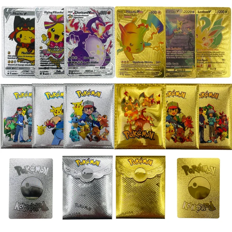 Pokemon Pikachu Children's Holiday Gift Golden Metal Card Silver PS HP English Spanish Peripheral Series Classic Toy Card