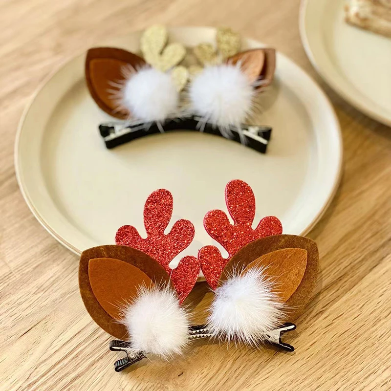 2Pcs New Year Christmas Hair Pin Children Barrettes Bow Deer Santa Claus Kids Christmas Headwear Girls Kids Hair Accessories