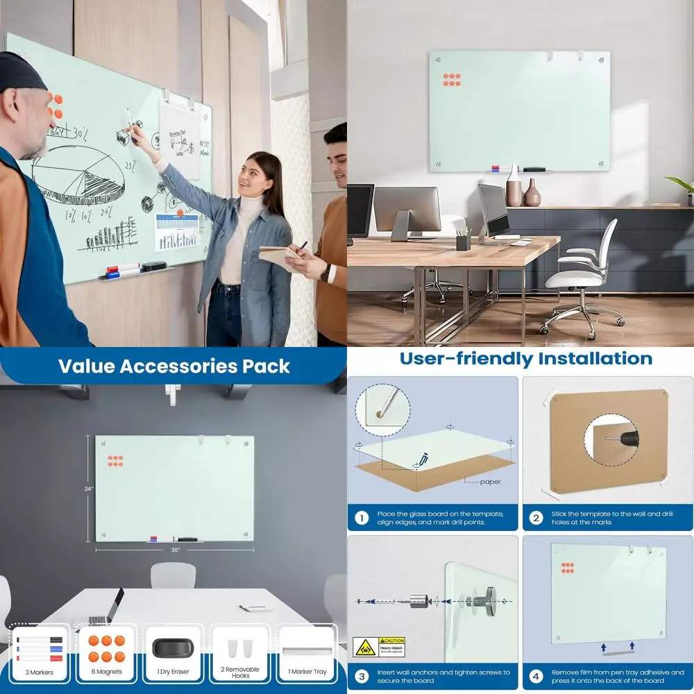سبورة بيضاء من الزجاج المقسى مثبتة على الحائط مقاس 36 × 24 مع تصميم مغناطيسي بدون إطار للمنزل والمكتب والمدرسة