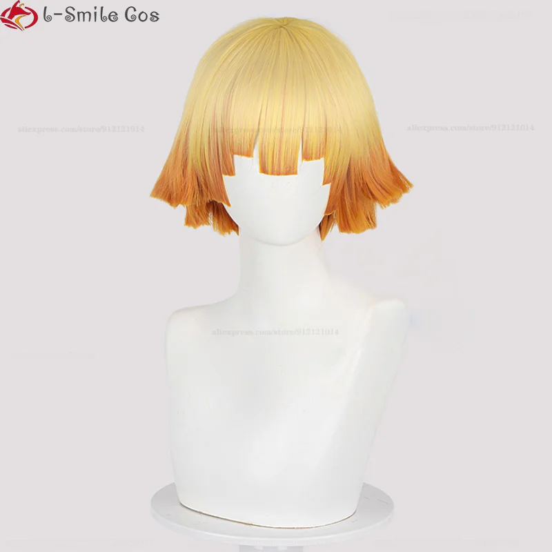 Hoge Kwaliteit Agatsuma Zenitsu Cosplay Pruik 32Cm Korte Gouden Oranje Gradiënt Anime Pruiken Hittebestendige Synthetische Pruiken + Pruik Cap