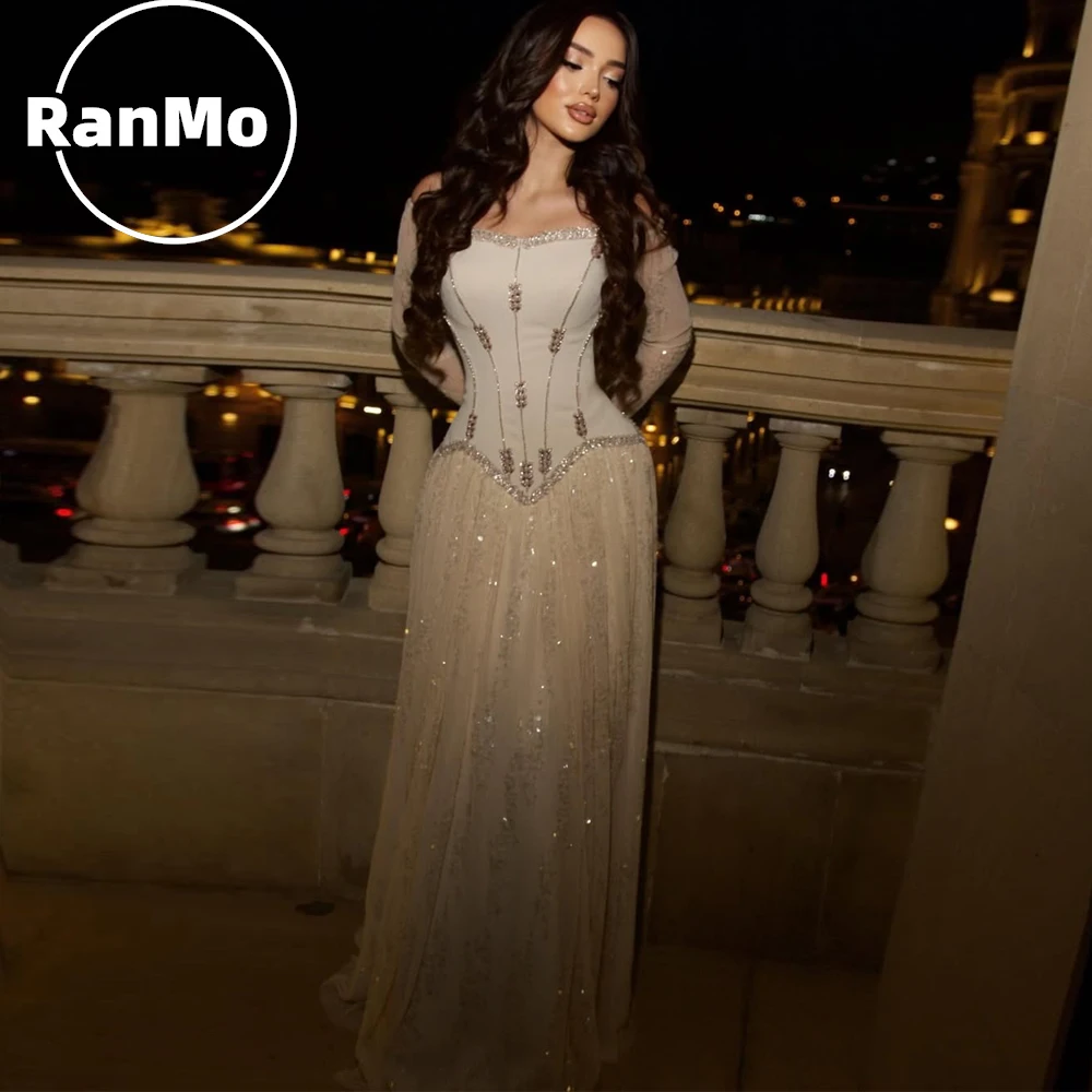 

Вечернее платье Ranmo Light Champagne 2026, фасон А-силуэт, с открытыми плечами, расшитое бисером, с длинными рукавами, на заказ, блестящее, женское, Vestido de Noche