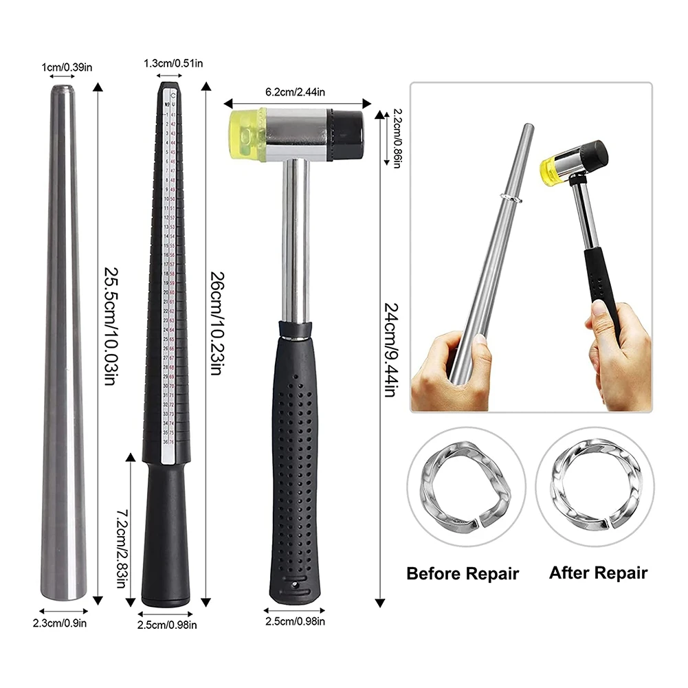 AT16 11Pcs Ring Sizer Measuring Tool, with Ring Mandrel Circle Jewelers Hammer and Polishing Tools for Jewelry Making Crafts