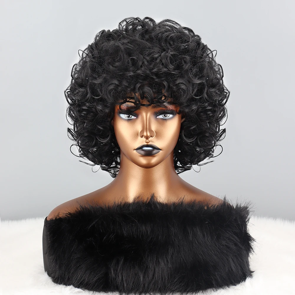 12Inch Short Curly Synthetic Wig With Bangs Shoulder Length Wigs Afro Kinky Wigs Synthetic Curly Full Wig For Women ·