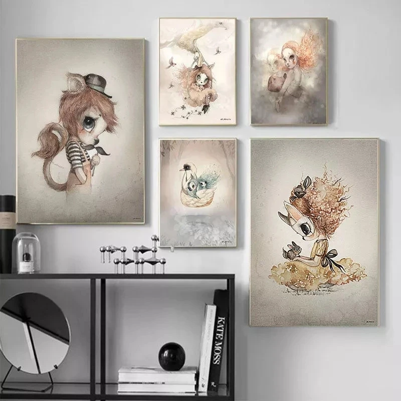 Living Room Home Deer Rabbit Angle Wing Animal Nordic Canvas Painting Poster and Print Girl Bedoom Wall Picture Abstract Decor