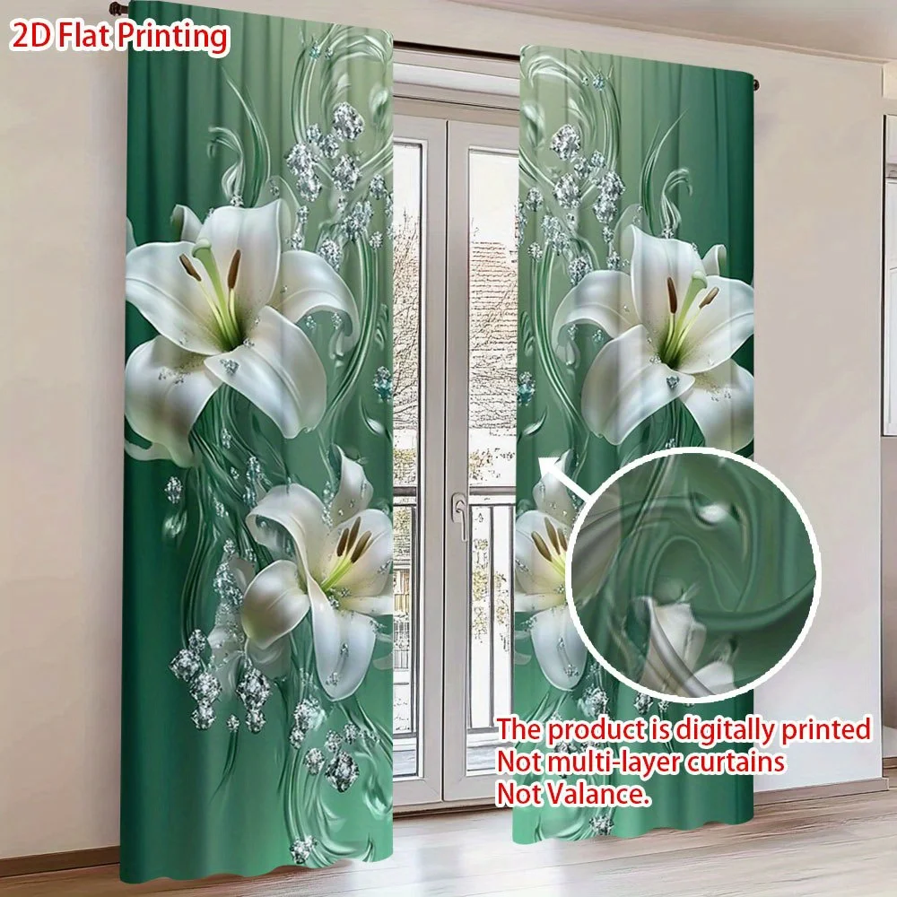 Elegant White Lily Curtains with Green Leaves, Floral Window Drapes for Living Room Nature-Inspired Home Decor Blackout Curtains