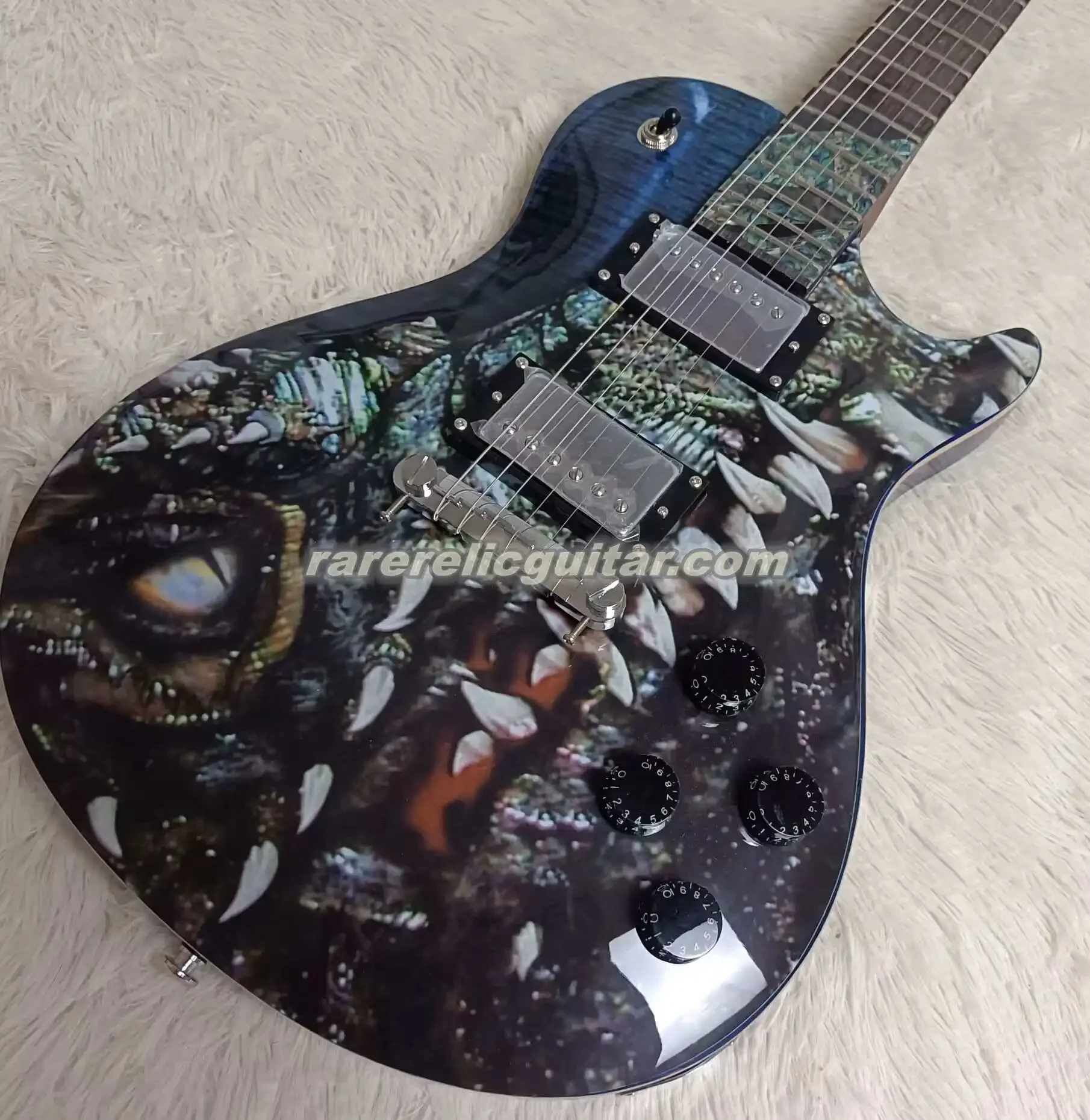 In Stock Dragon Singlecut Dark Blue Flame Maple Top Electric Guitar Abalone Pearl Inlay Wrap Arround Tailpiece Chrome Hardware