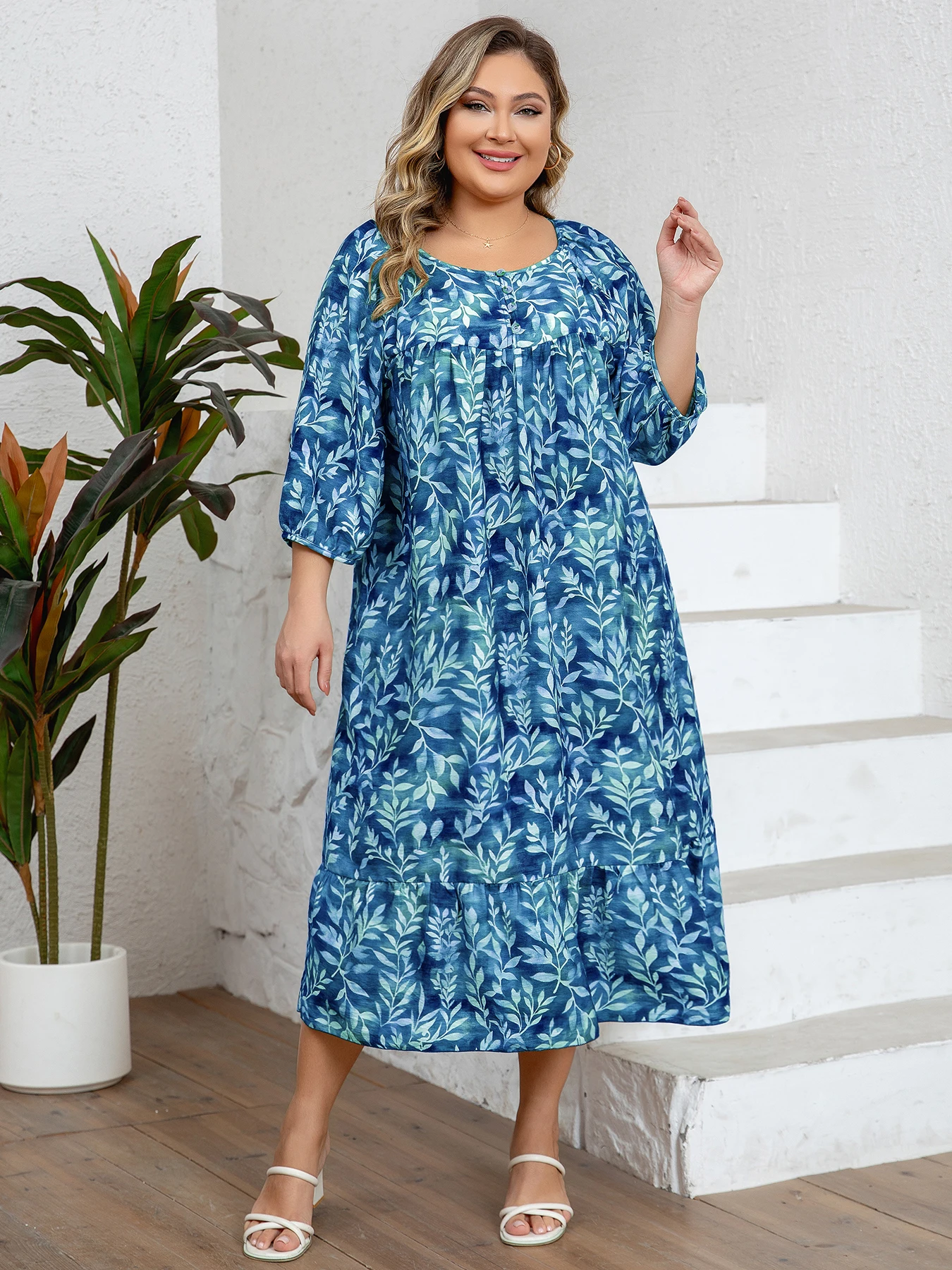 Plus Size Women's Retro  Leaf Print Crew Neck Half Sleeve Ruffled Hem Dress