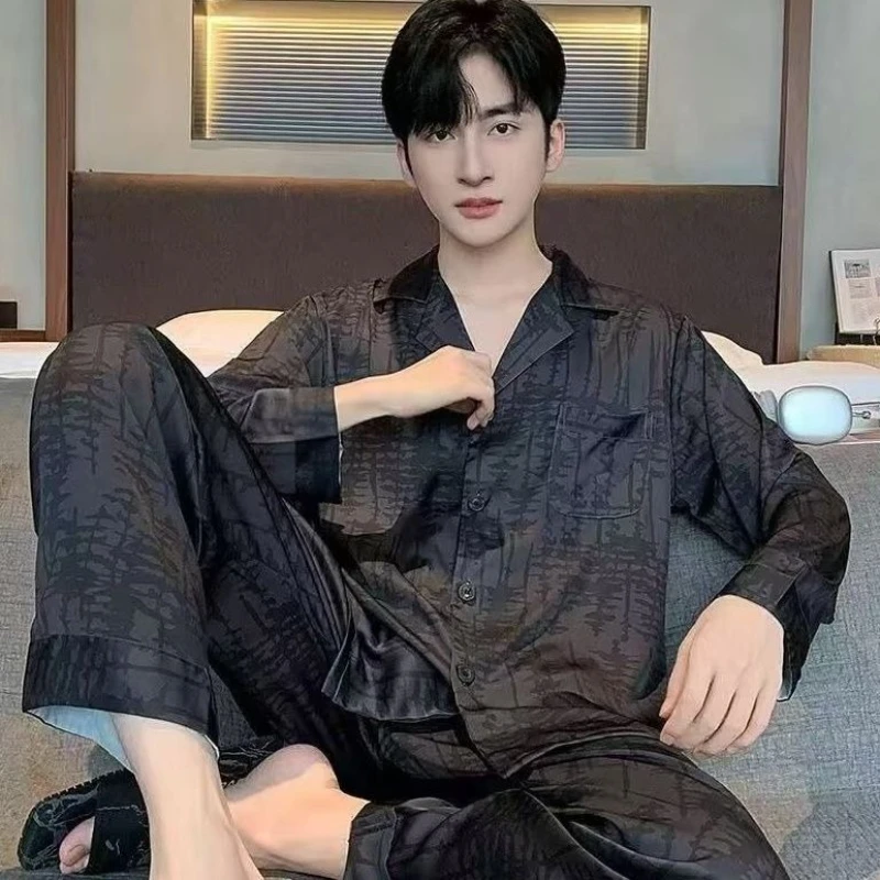 

Осенне-зимняя мужская одежда для сна с длинным рукавом из ледяного шелка, молодежная домашняя одежда, комплект большого размера для студентов, ночная рубашка, домашняя одежда