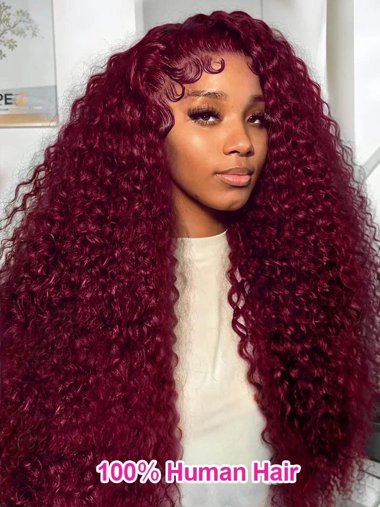 99J Burgundy Deep Wave High Density 13x6 Lace Front Wig Curly Red Colored 13x4 HD Transparent Lace Frontal Human Hair Wigs