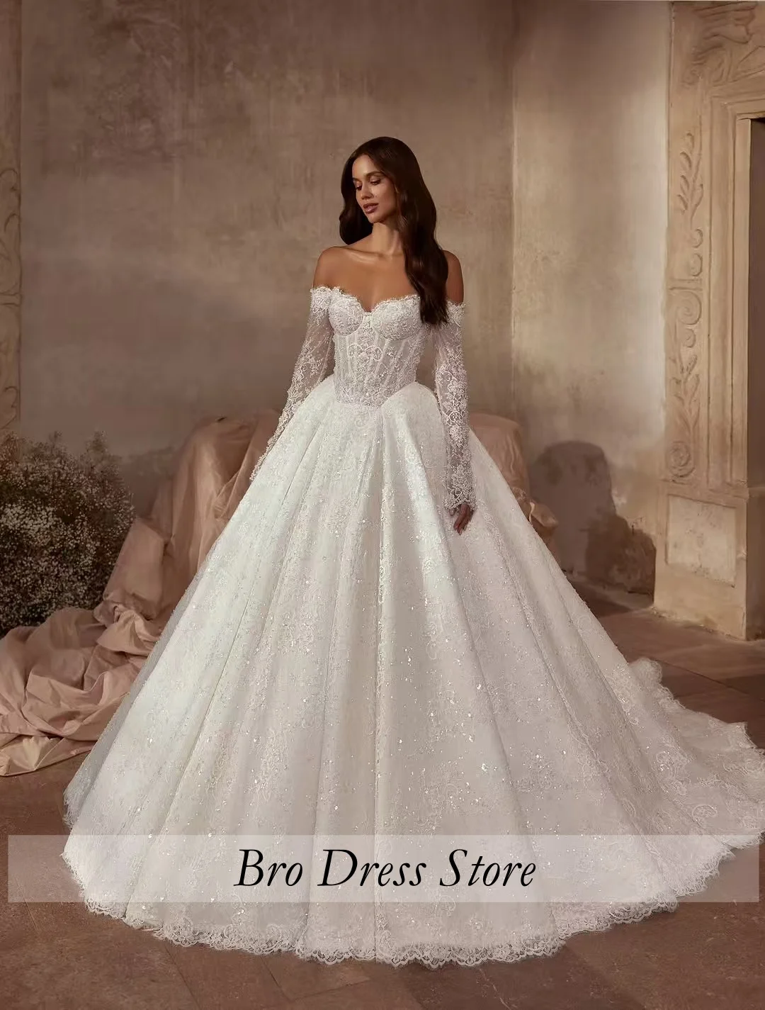 Customized Luxury Shiny Wedding Dresses Sweetheart Women's A Line Bridal Gowns Sequined Off Shoulder Ruffles Vestidos De Novia