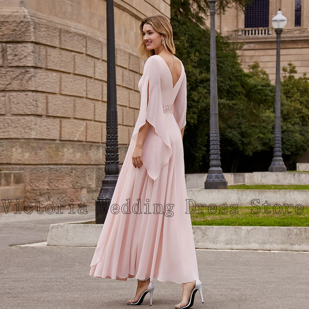 Moden Pink Mother of the Bride Dresses Customized Jewel Neck 3/4 Sleeves Appliques A-Line Chiffon Wedding Party Gowns 2023