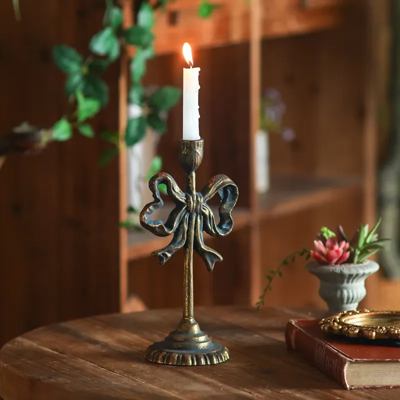 Retro French Wrought Iron Bow Candlestick Window Ornament Wedding Western Food Decoration Photography Props