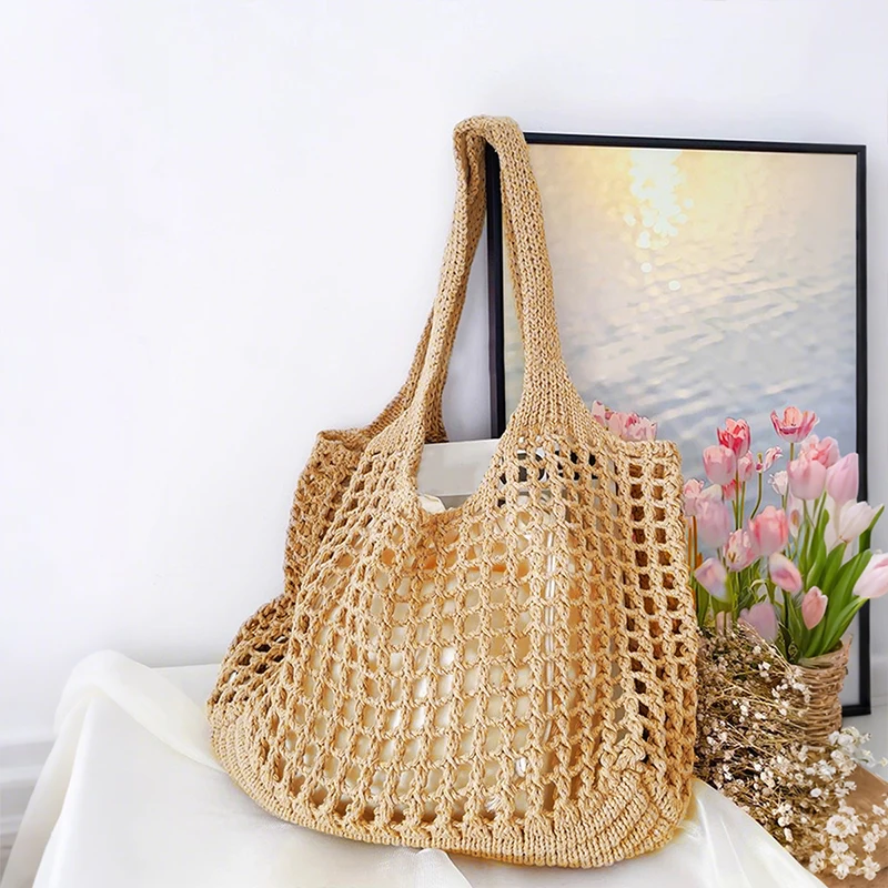 ​ ​ Lässige gewebte Tragetasche mit Innentasche, übergroße Strand-Umhängetasche für Sommerreisen, Damen-Reisehandtasche und Geldbörse
