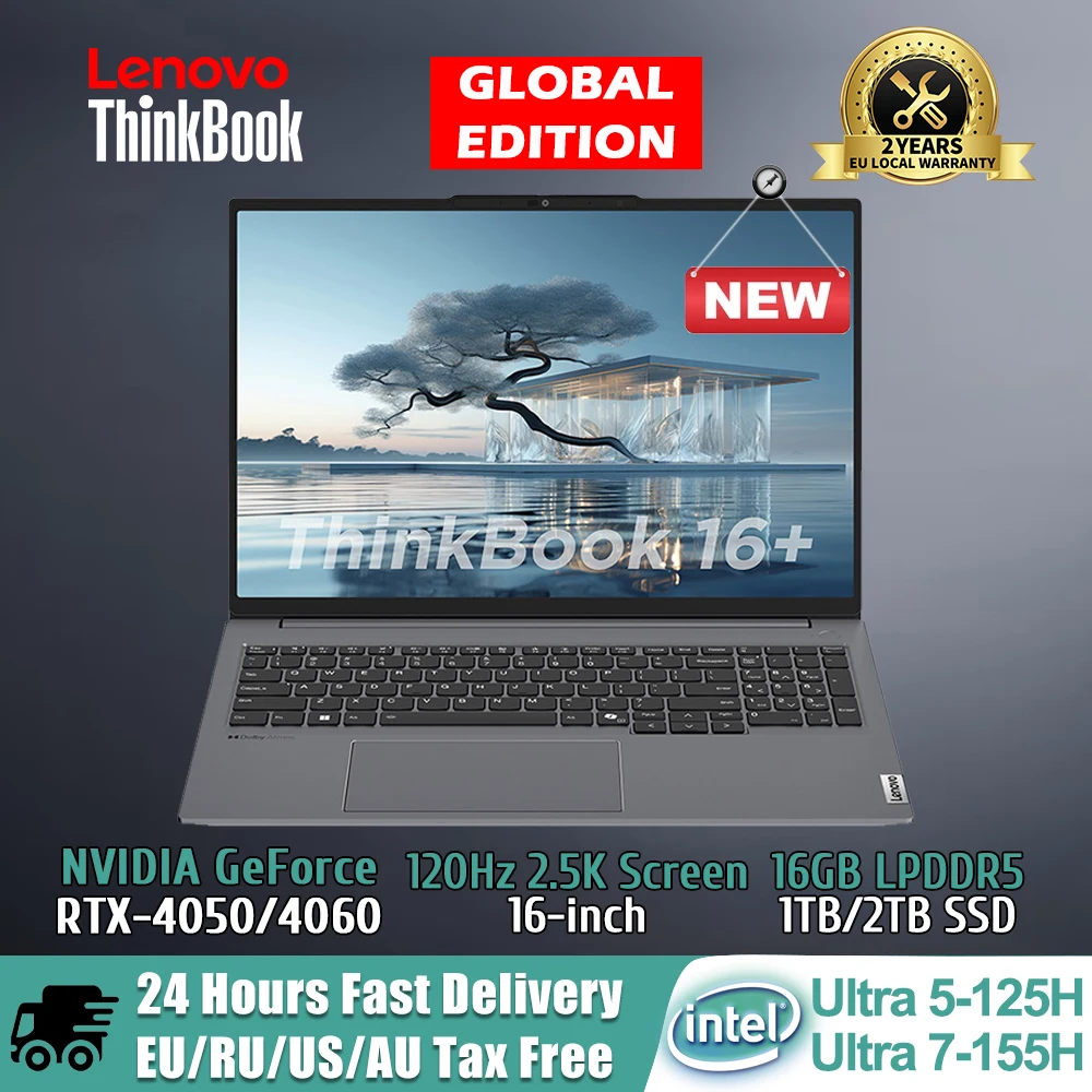 Ноутбук Lenovo 2024 ThinkBook 16 + Intel Ultra 5 125H/7 155H CPU RTX 4050/RTX 4060 16 Гб/32 ГБ 512 ГБ/1 ТБ SSD 16 дюймов 2,5 K 120 Гц ПК