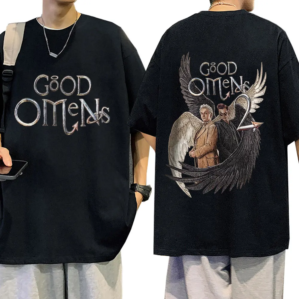 Good Omens Vintage Graphic T Shirt Men Fashion Cotton Short Sleeve T-shirts Unisex Casual Oversized T-shirt Harajuku Streetwear