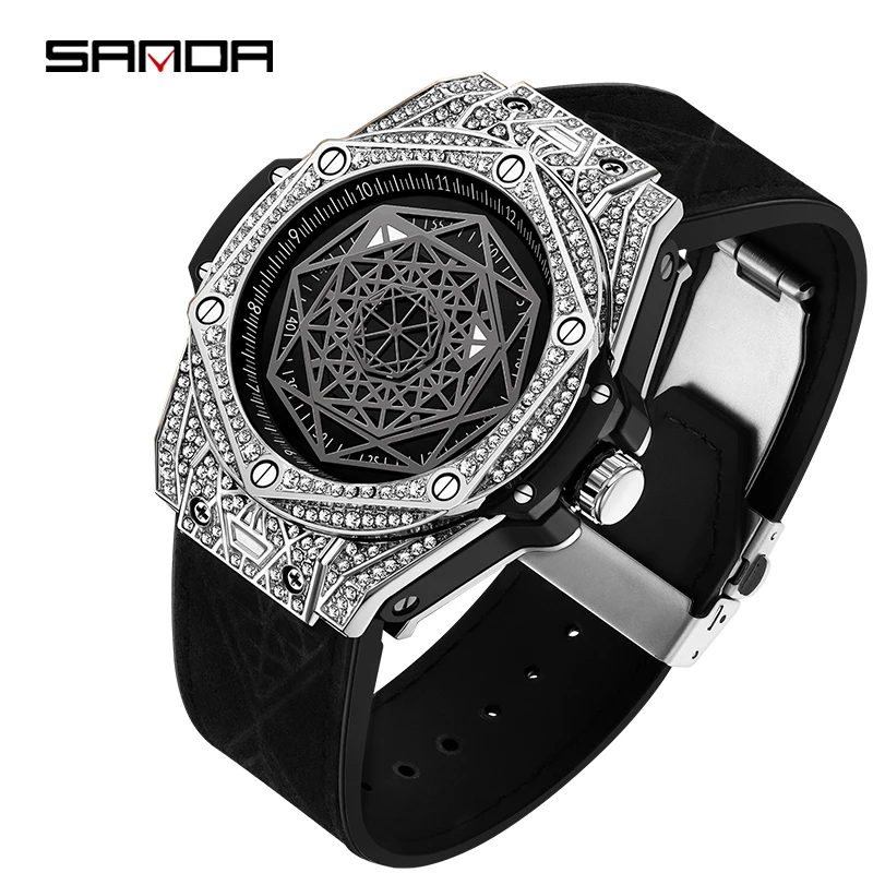 

Sanda Fashion New 7033 Men's Diamond Inlaid Geometric Dial Glow Waterproof Men's Creative Quartz Wristwatch 2023