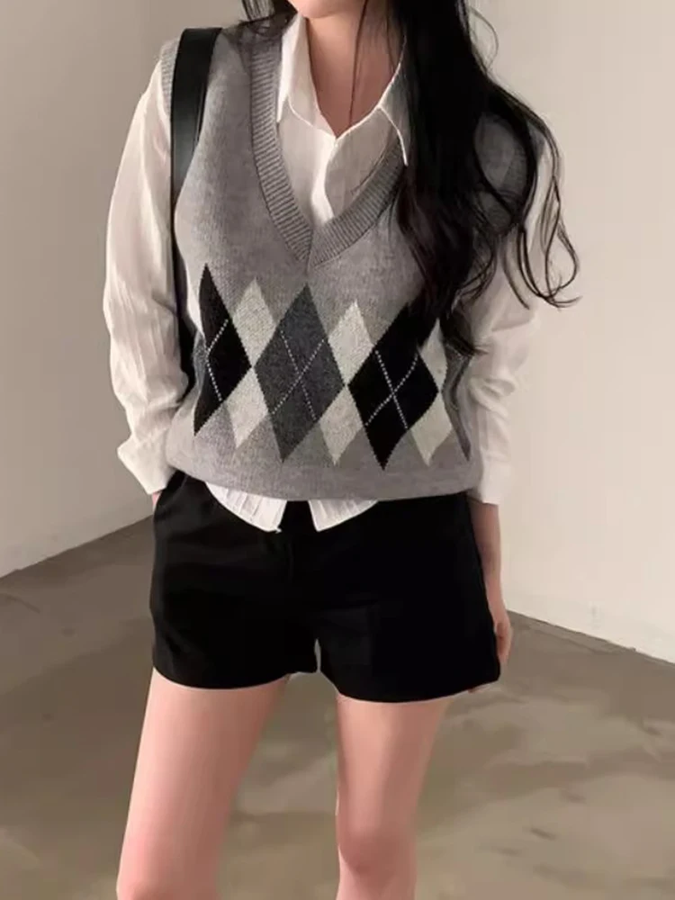 Chique V-Ne gebreid truivest Zacht Gezellig Herfst Nieuw Sle Dames Faion Layering College Sle Diamond Patroon Lang Sve