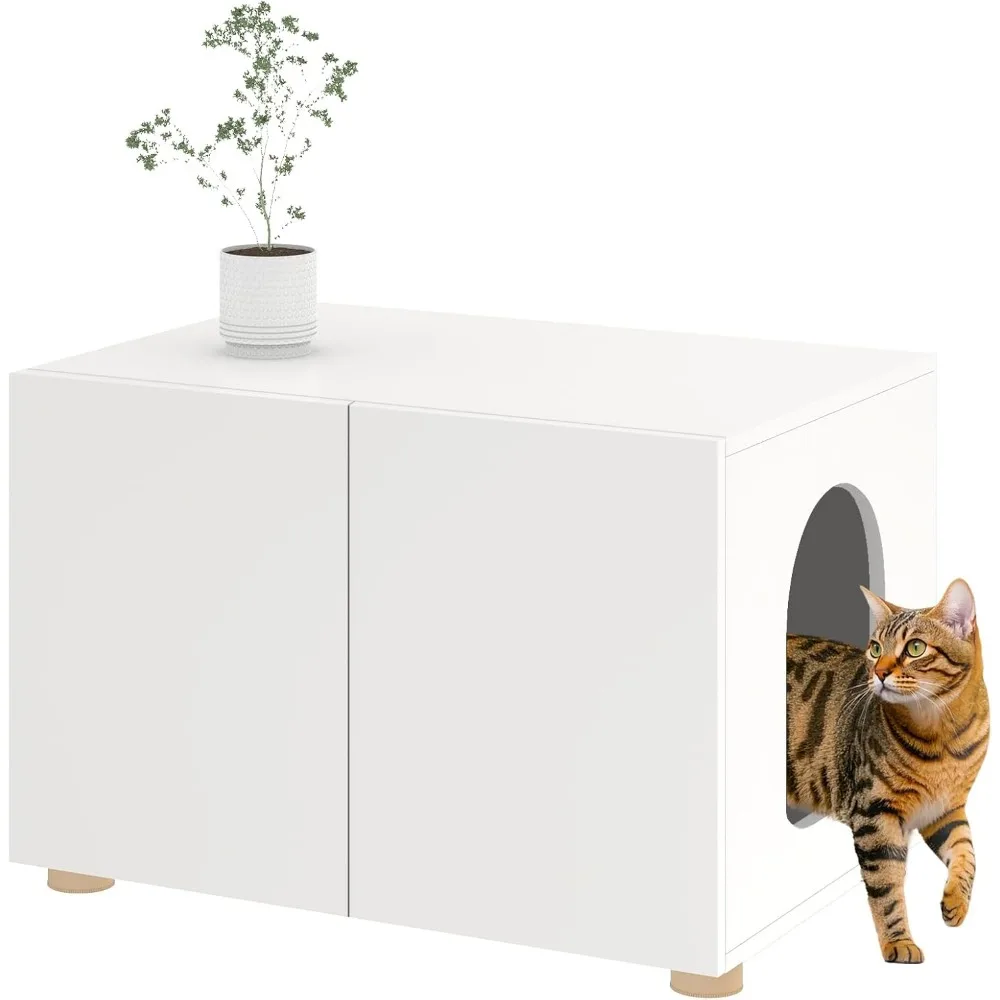 

Small Litter Box Enclosure, Sleek Modern Cat Litter Box Cabinet Furniture, Wooden Cat House, End Table (White)