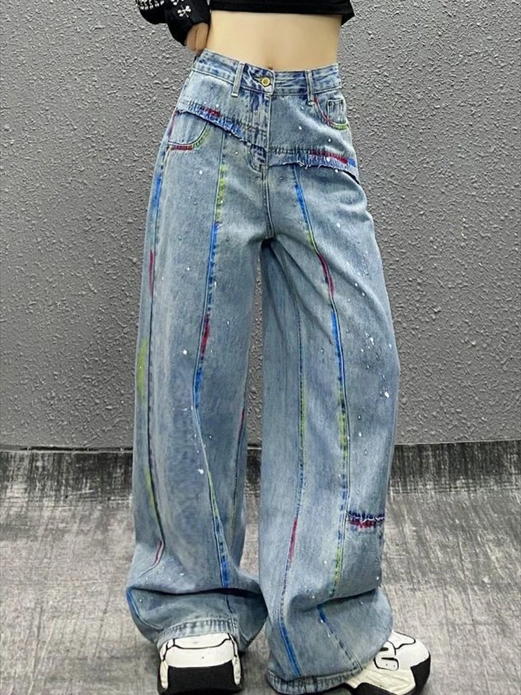 

Personality Painted Color Stitching Washed Jeans Women's Spring New High-waisted Loose Splicing Straight Wide-leg Pants Pants
