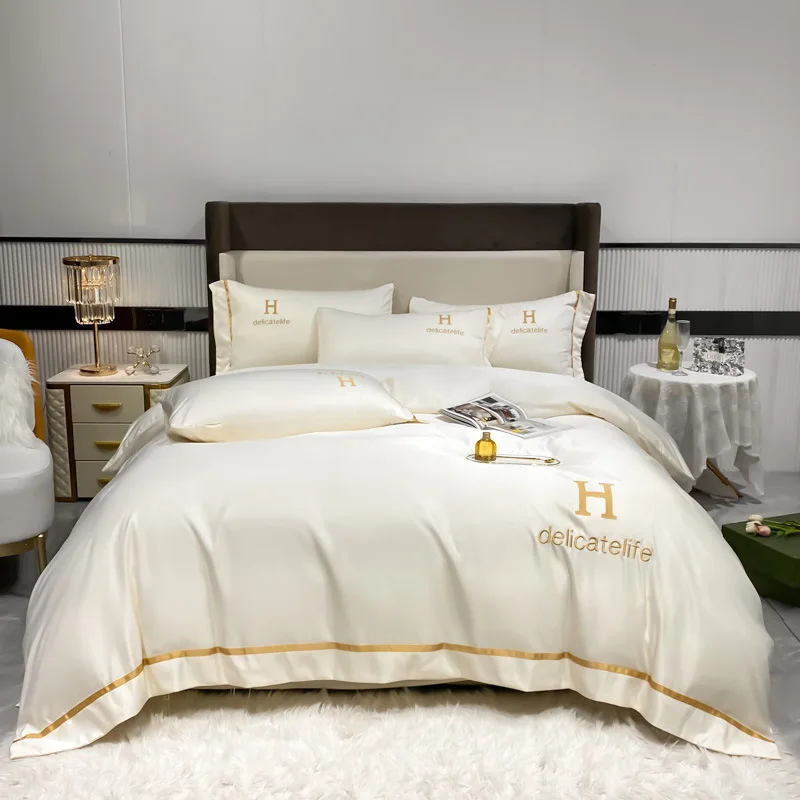 

New washed ice silk four piece set embroidered three piece set bed sheet four piece set bed sheet Tencel silk household double