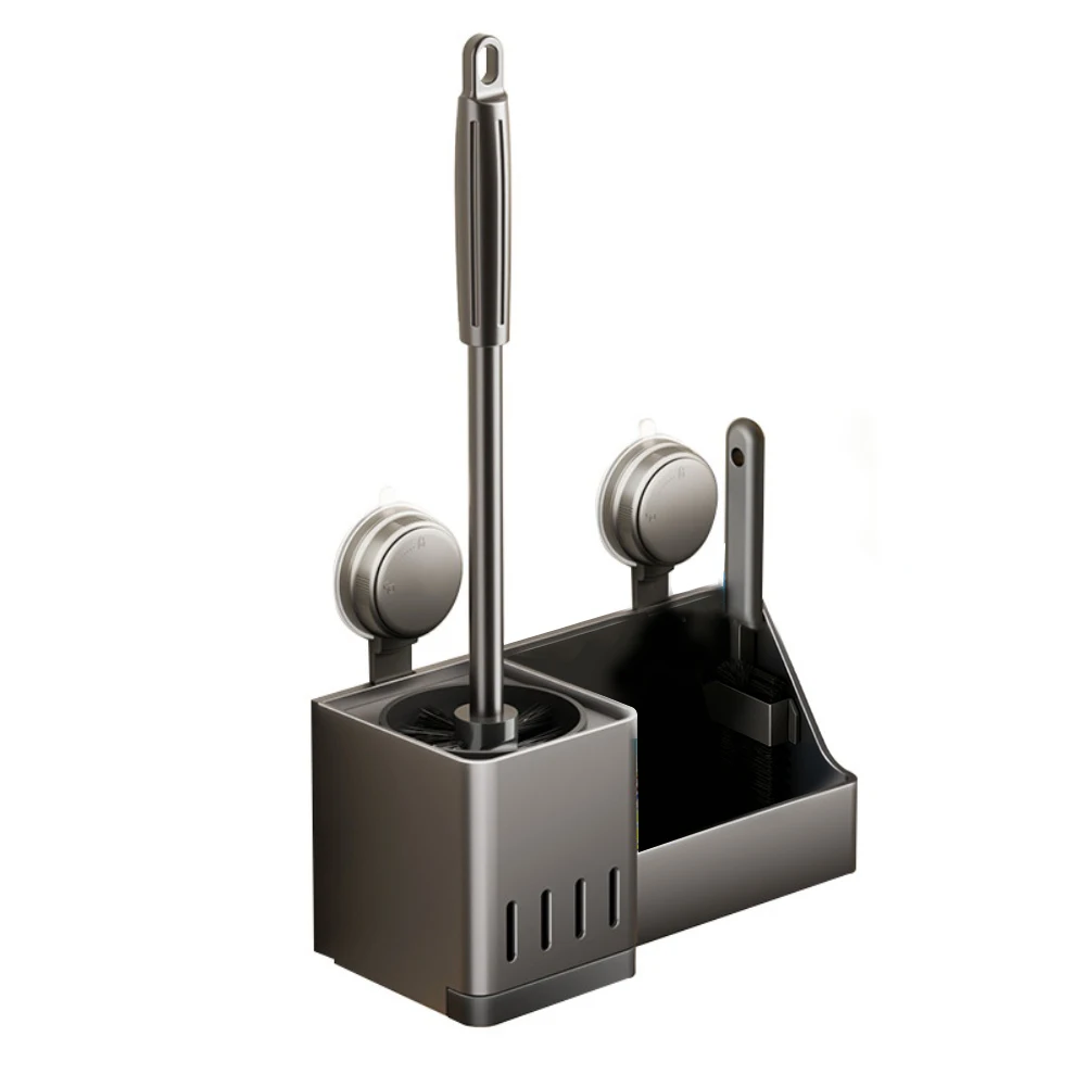 Bathroom Wall Mounted Toilet Brush Holder with Suction Cup Installation and Storage Rack for Cleaning Supplies