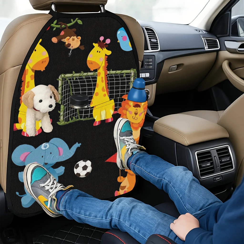 2pcs 2D Printed Car Seat Back Protector - Happy Scene Of Animals Playing Soccer Themed Pattern Printed Car Seat Back Protector -
