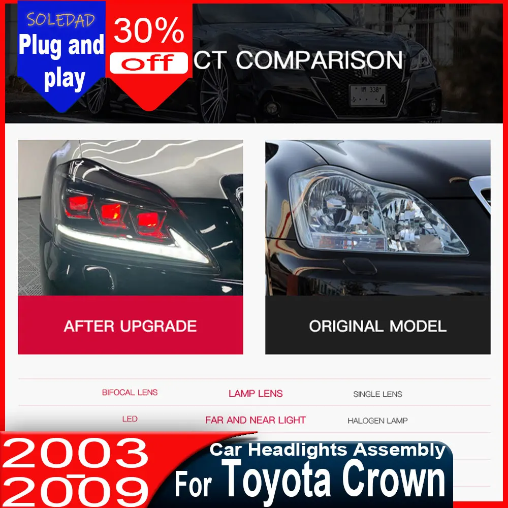 Car Headlights For Toyota Crown 2003 2004 2005 2006 2007 2008 2009 DRL Animation Front Lamps Assembly with Red Demon Eyes