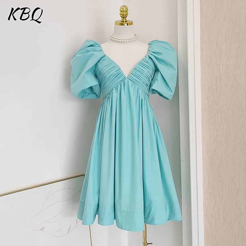 

KBQ Solid Spliced Folds Dresses For Women V Neck Short Sleeve High Waist Patchwork Zipper A Line Dress Female Fashion Style New