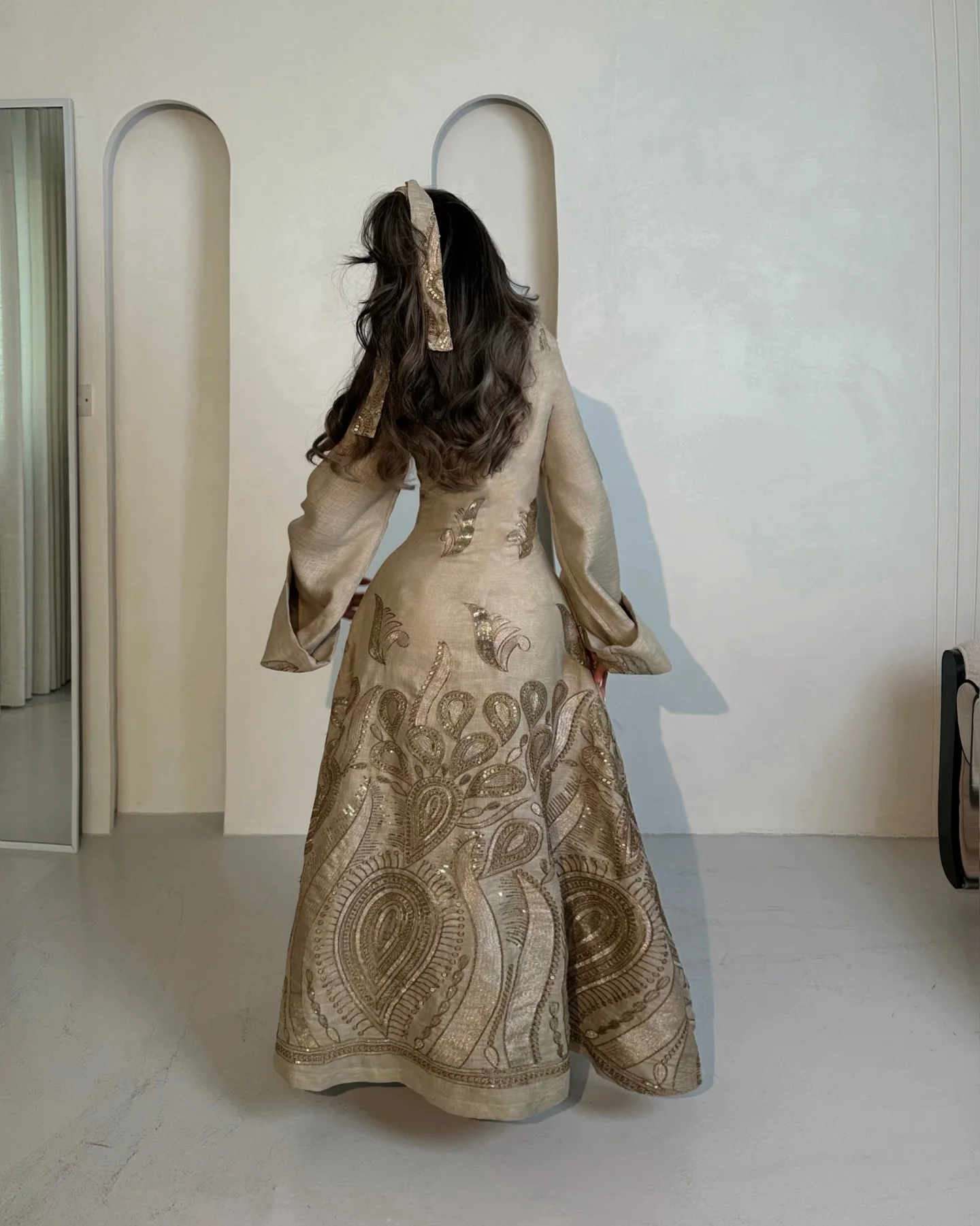 

Beige Embroidered A-Line Abaya Dress with Puffy Sleeves Square Sequin Ankle Length Flower Traditional Party Wear for Women