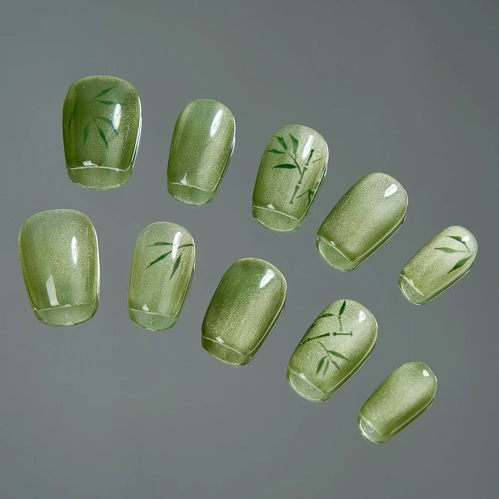 10Pcs Handmade Nails Traditional Chinese Bamboo Green Cat Eye Design Nails Press on Manicure Art Stick on For Girls