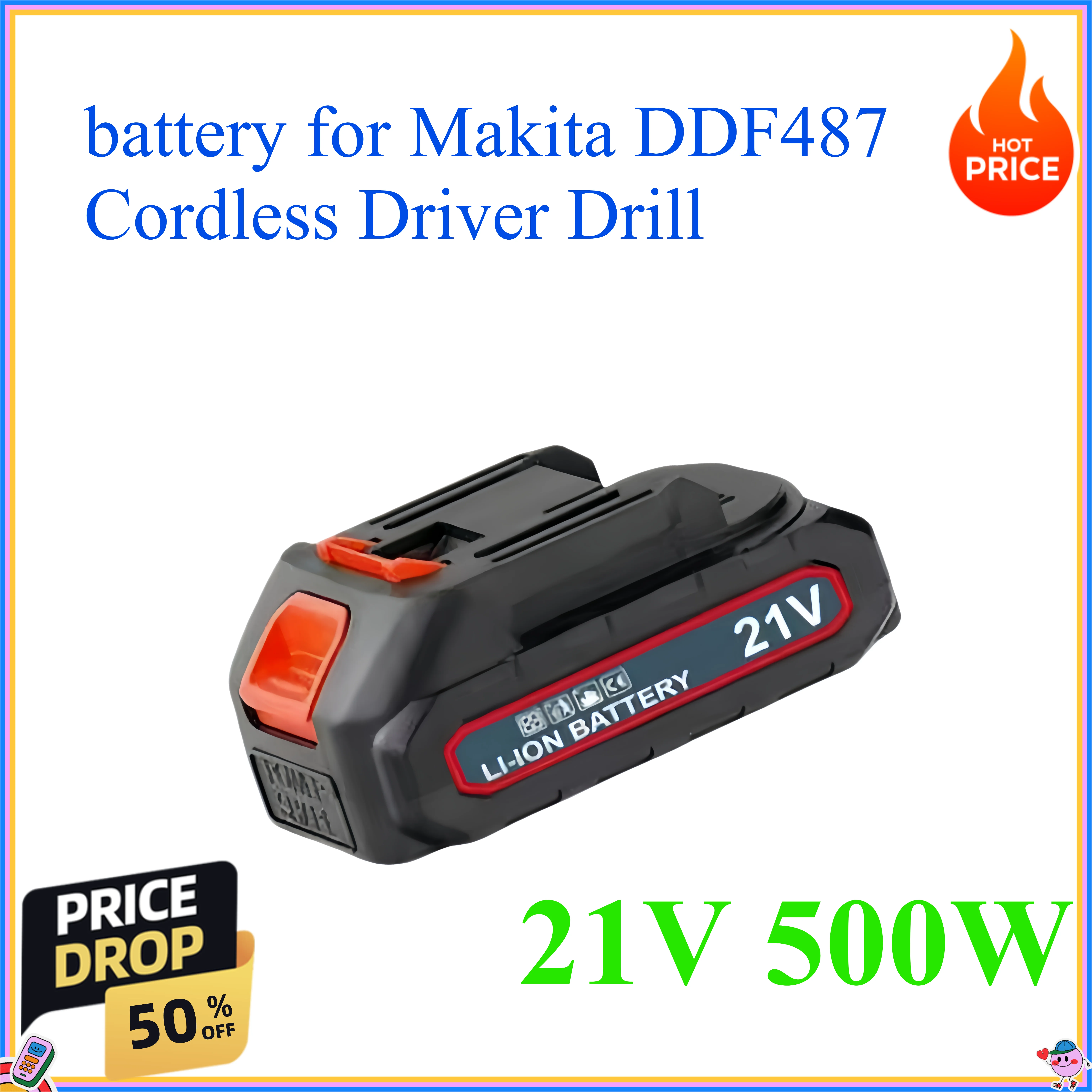 21V 500W battery for Makita DDF487 Cordless Driver Drill Brushless Electric Impact Screwdriver Rechargeable Power Tool